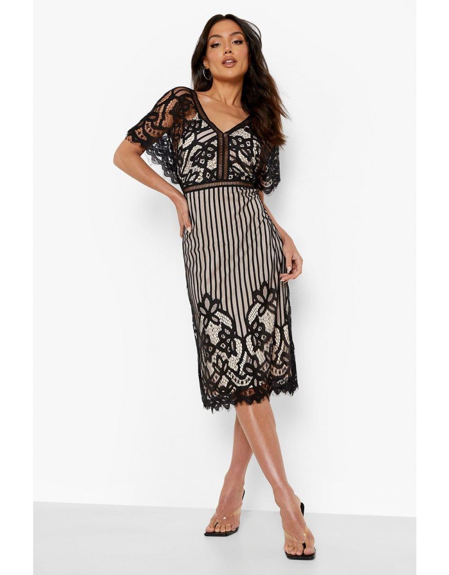 Boutique All Over Lace Bodycon Midi Dress - black