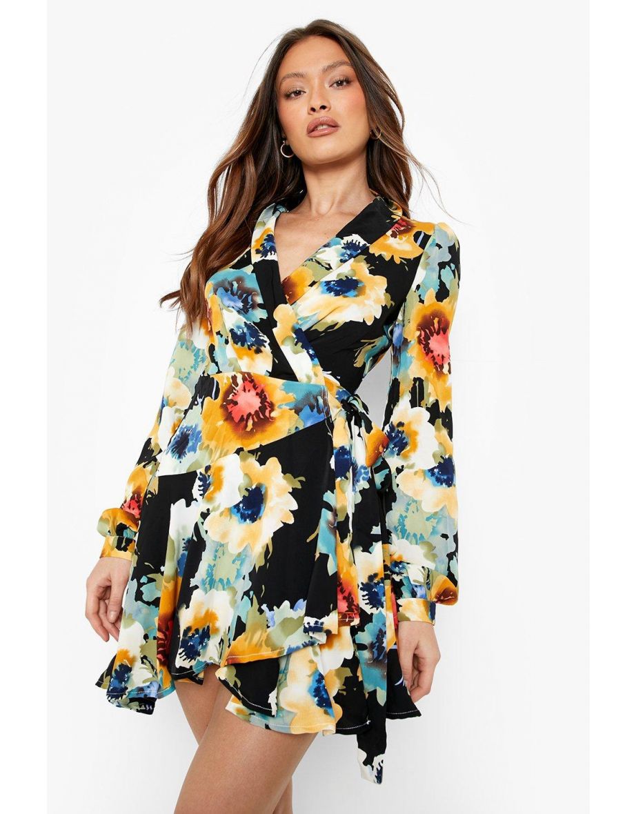 Floral Wrap Detail Mini Skater Dress - black