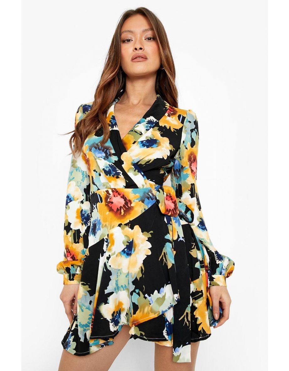 Floral Wrap Detail Mini Skater Dress - black - 3