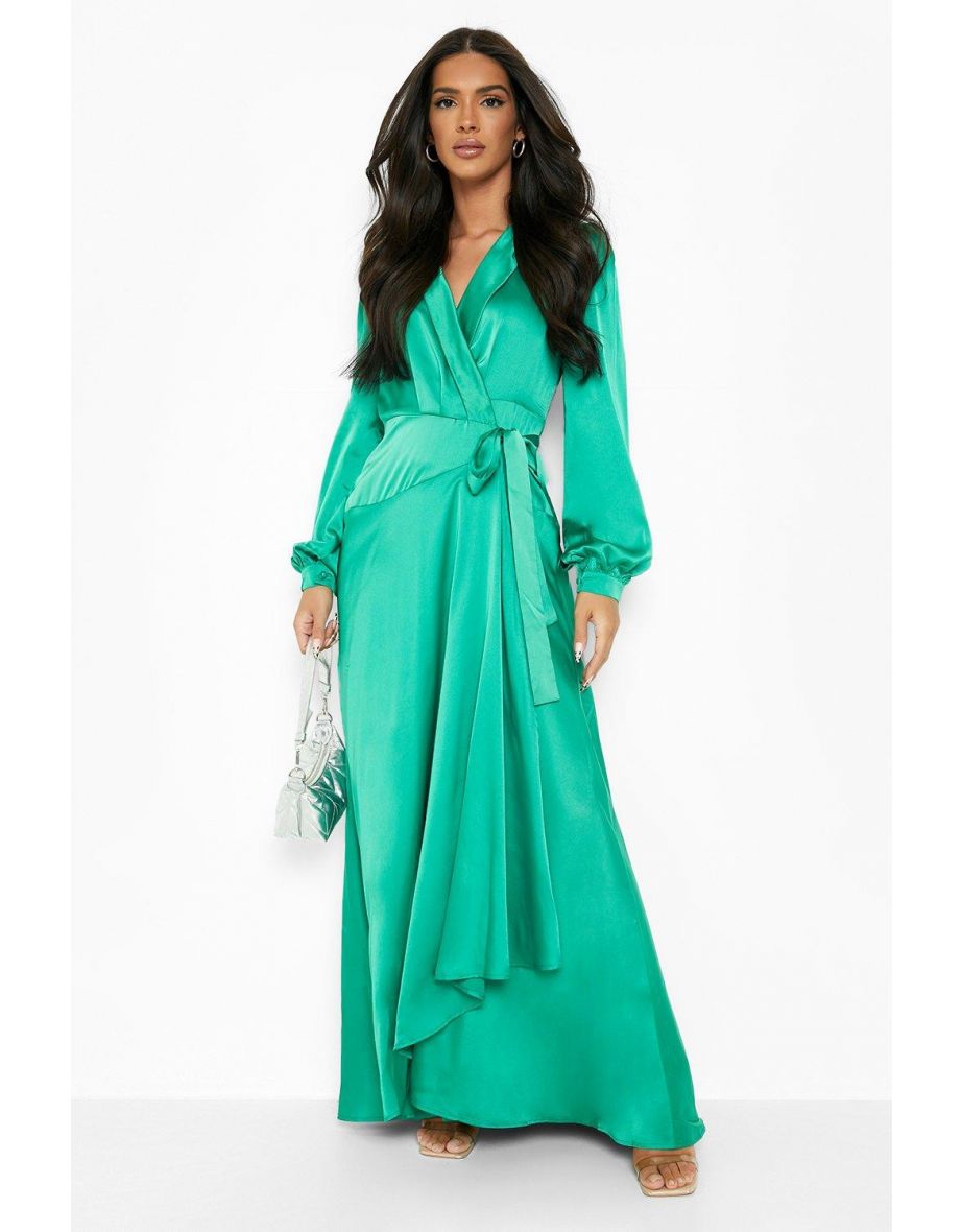 Satin Wrap Belted Maxi Dress - green