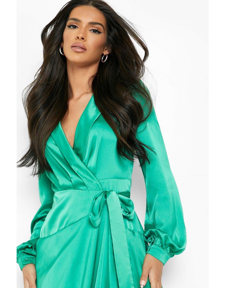 Satin Wrap Belted Maxi Dress - green - 3