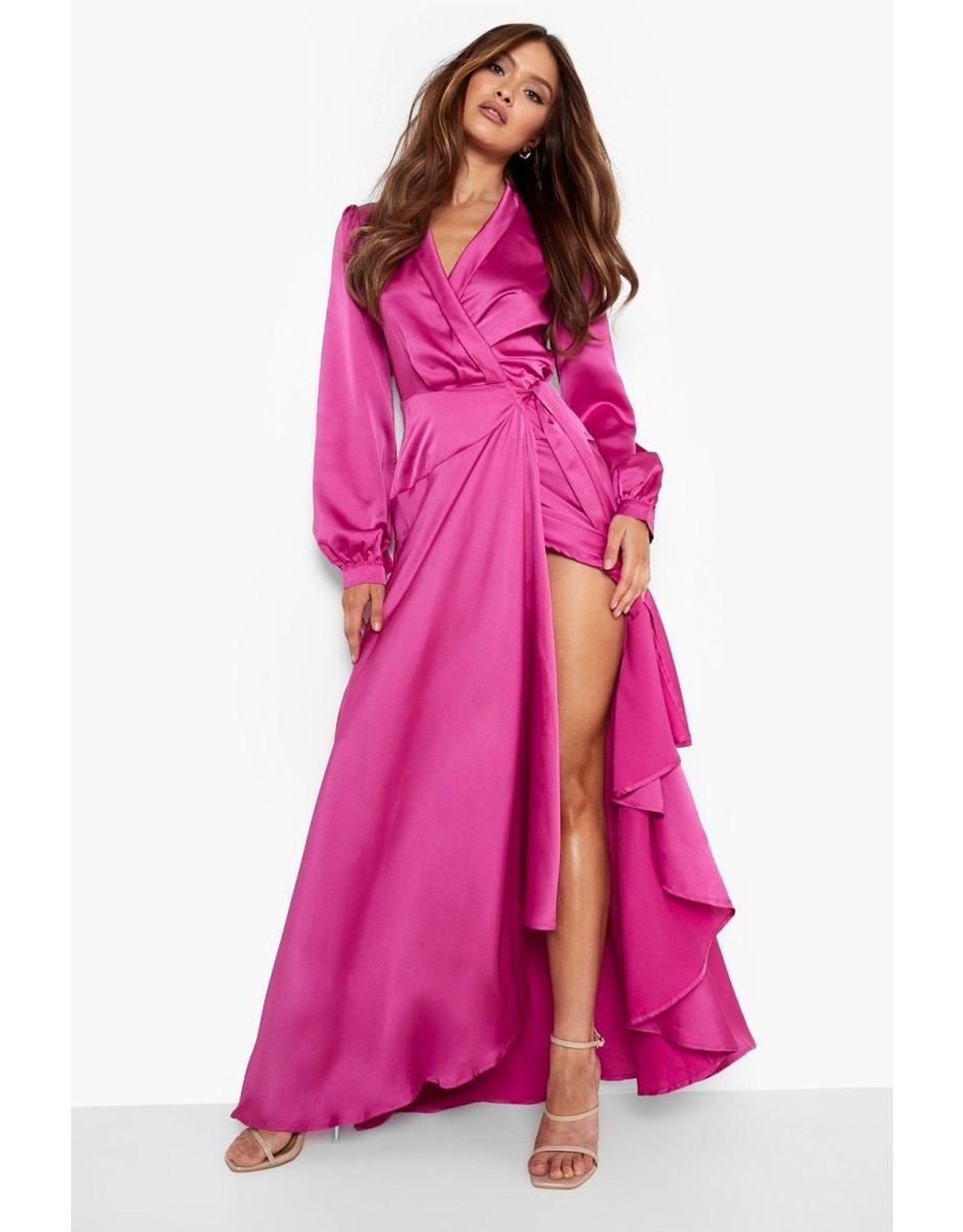 Satin belted wrap maxi dress clearance