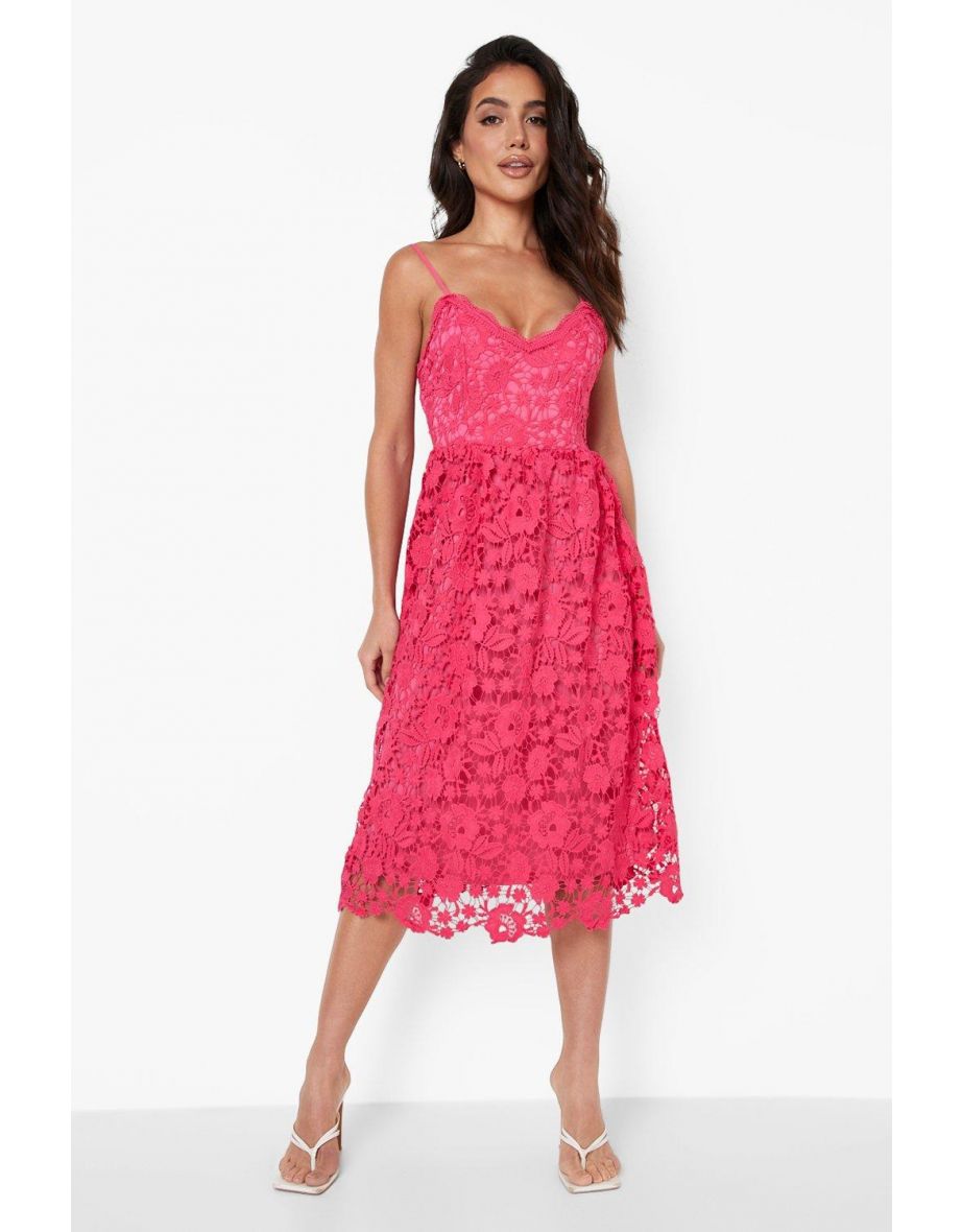 Strappy Crochet Lace Skater Midi Dress - hot pink