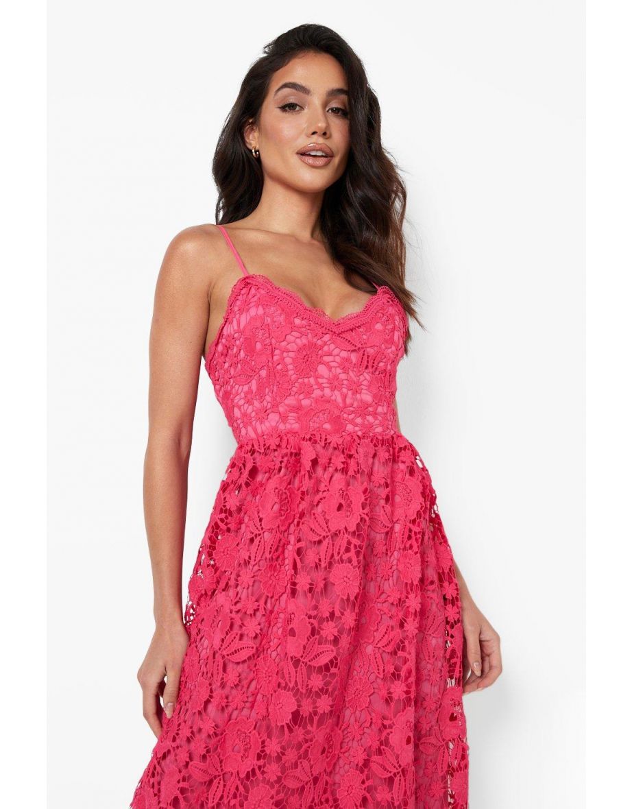 Strappy Crochet Lace Skater Midi Dress - hot pink - 3