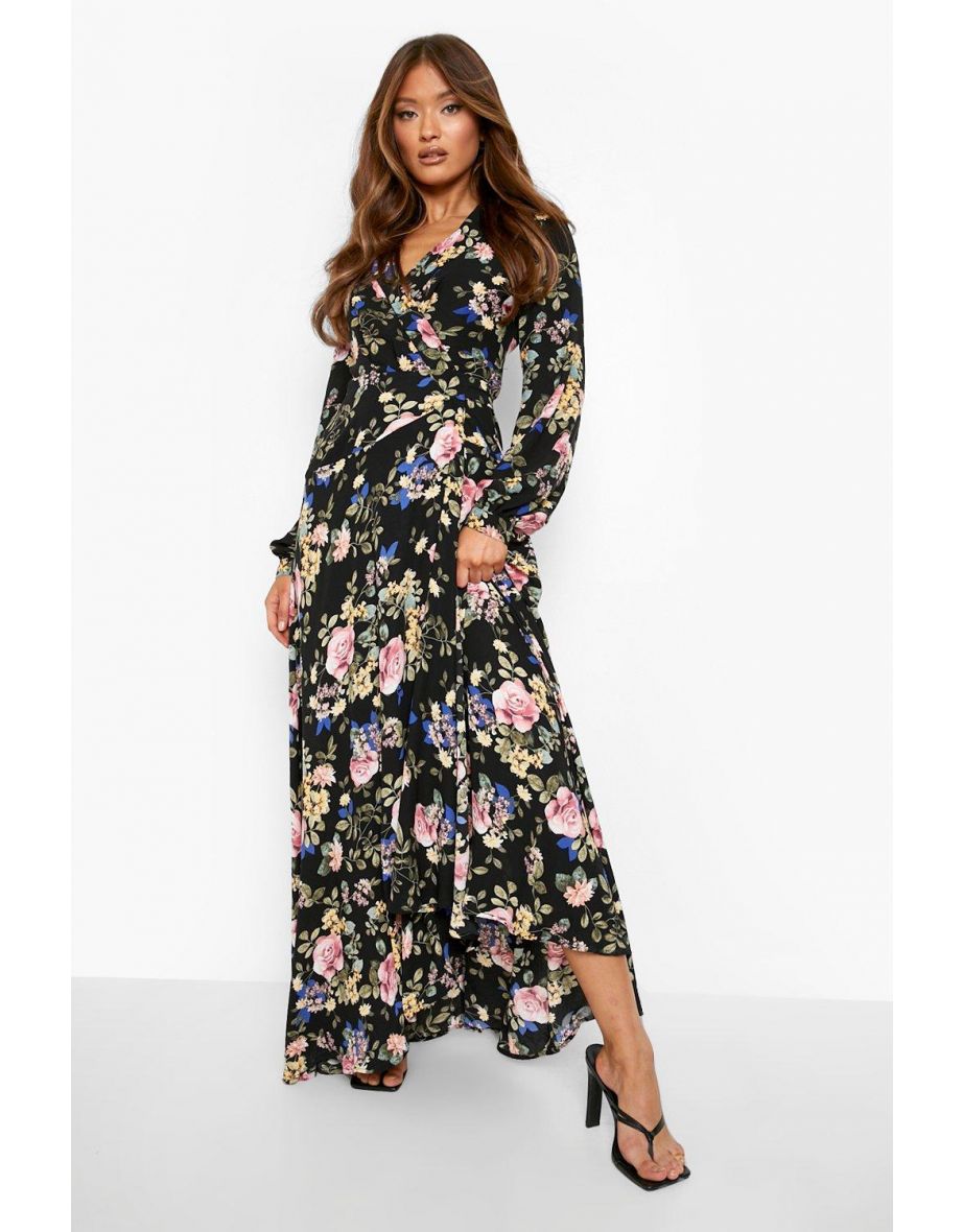 Floral Wrap Belted Maxi Dress - black