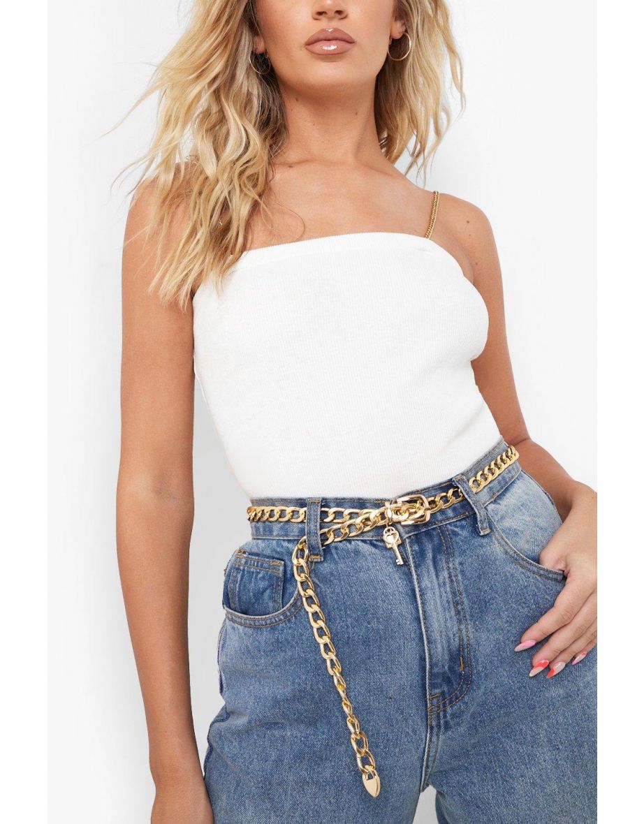 Chunky Chain Buckle Belt With Key - gold