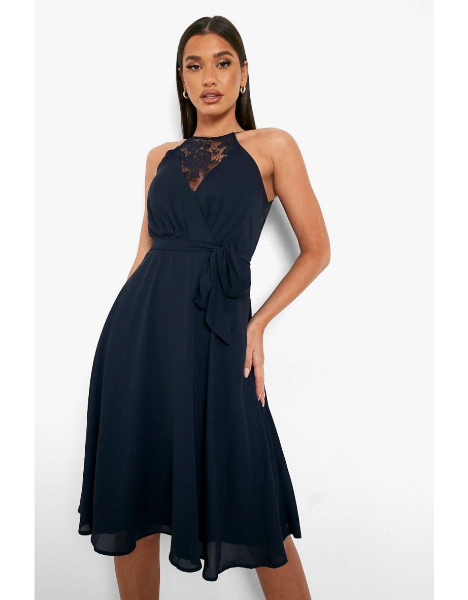 Lace Back Split Midi Dress - navy