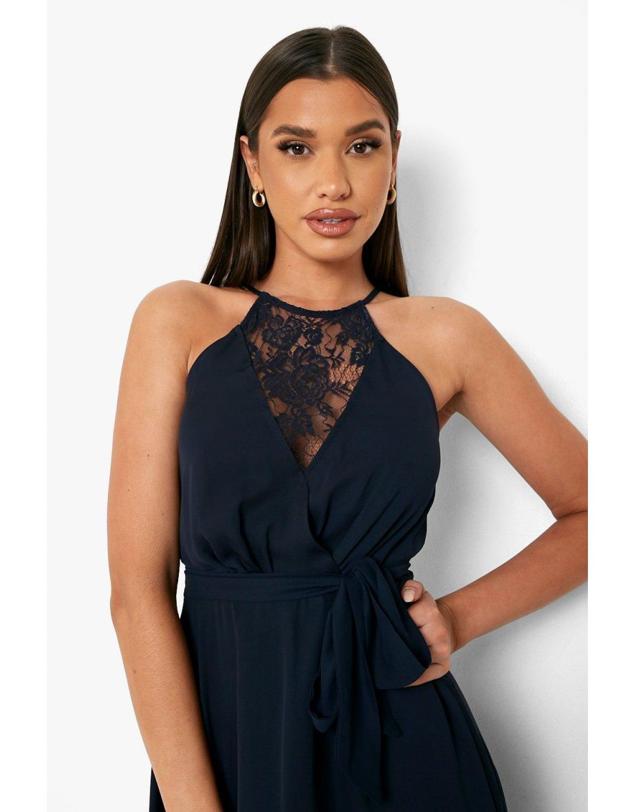 Lace Back Split Midi Dress - navy - 3