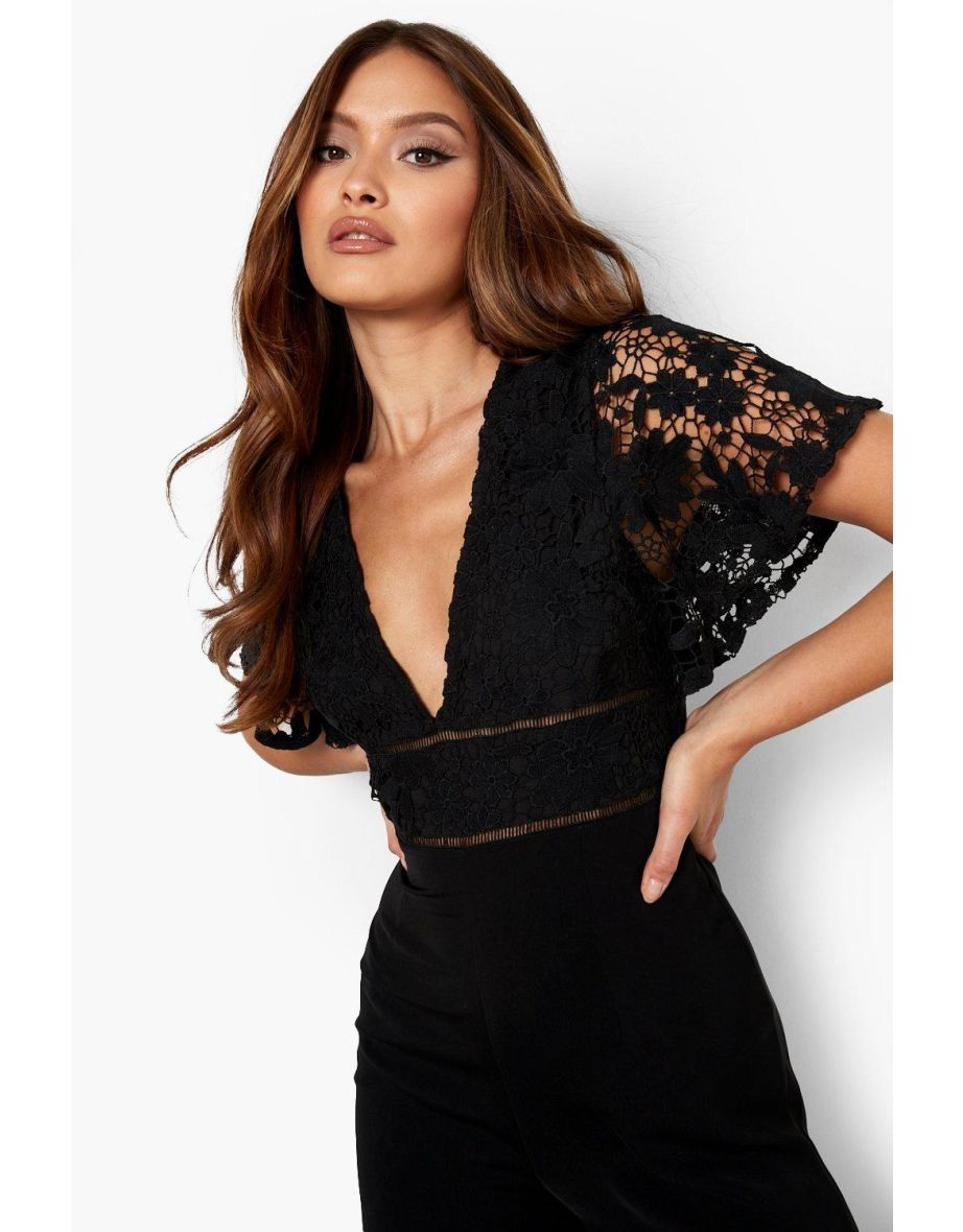 Plunge Lace Wide Leg Jumpsuit - black - 3