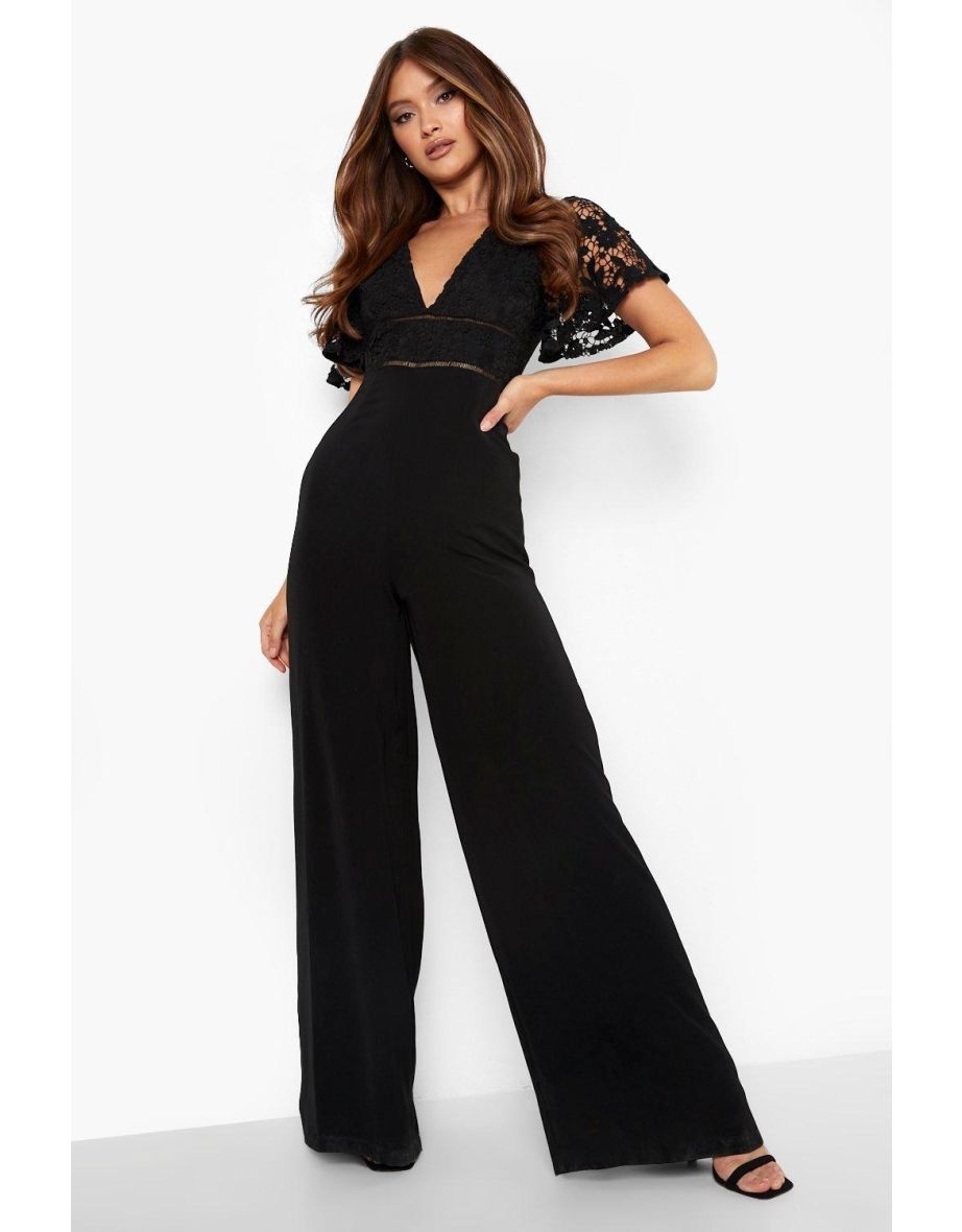 Plunge Lace Wide Leg Jumpsuit - black