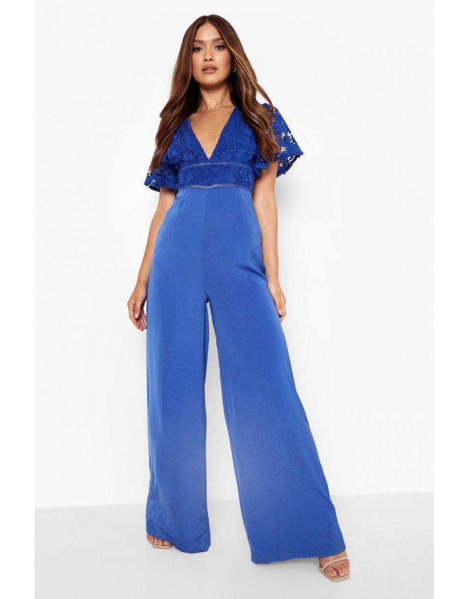 Plunge Lace Wide Leg Jumpsuit - cobalt