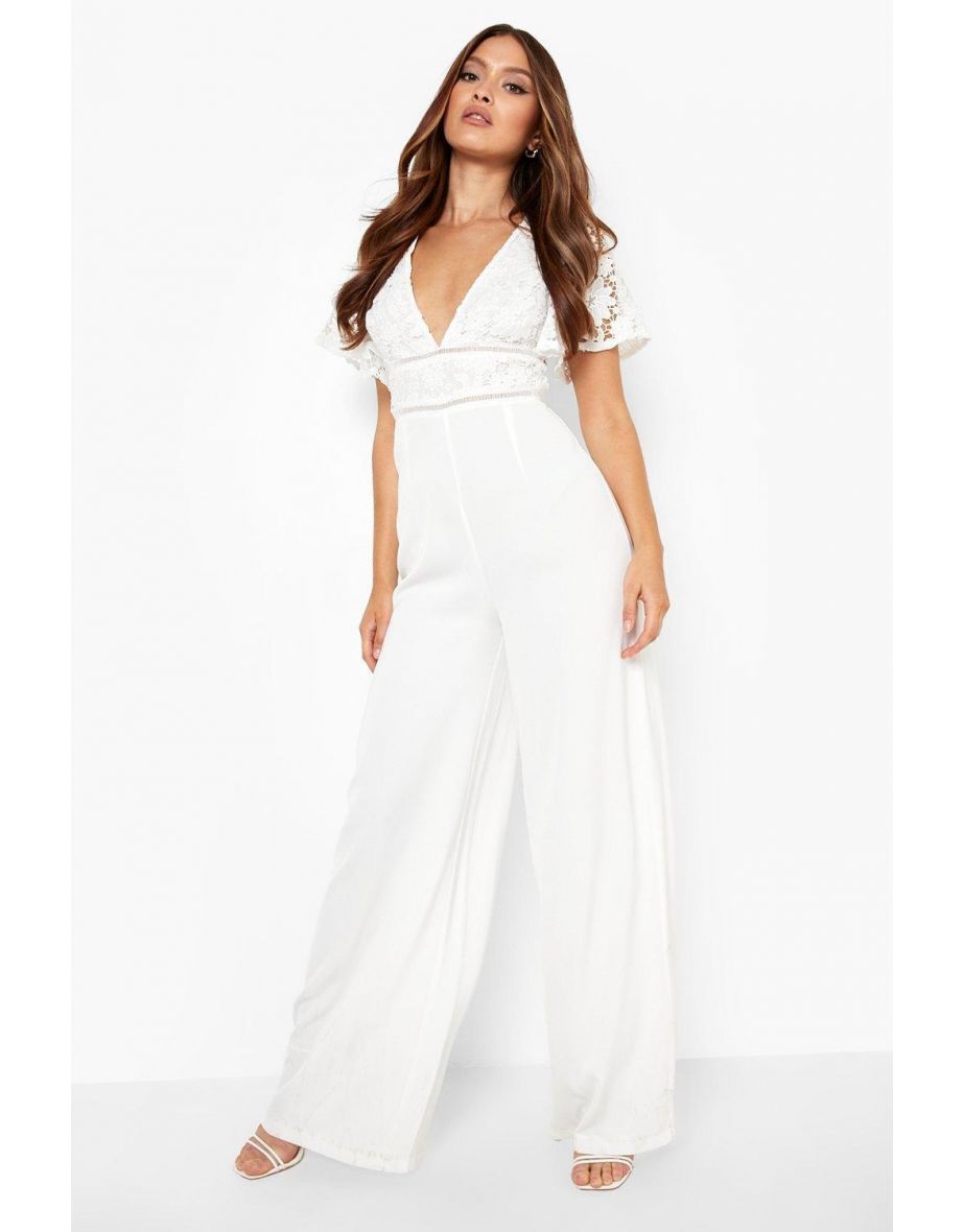 Plunge Lace Wide Leg Jumpsuit - white