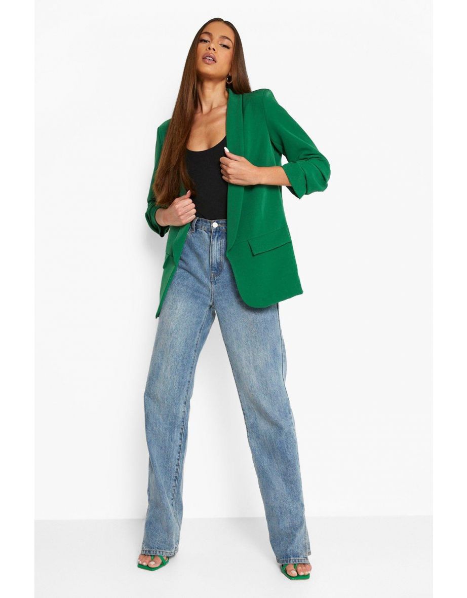 Plunge Lapel Ruched Sleeve Blazer - bright green - 3