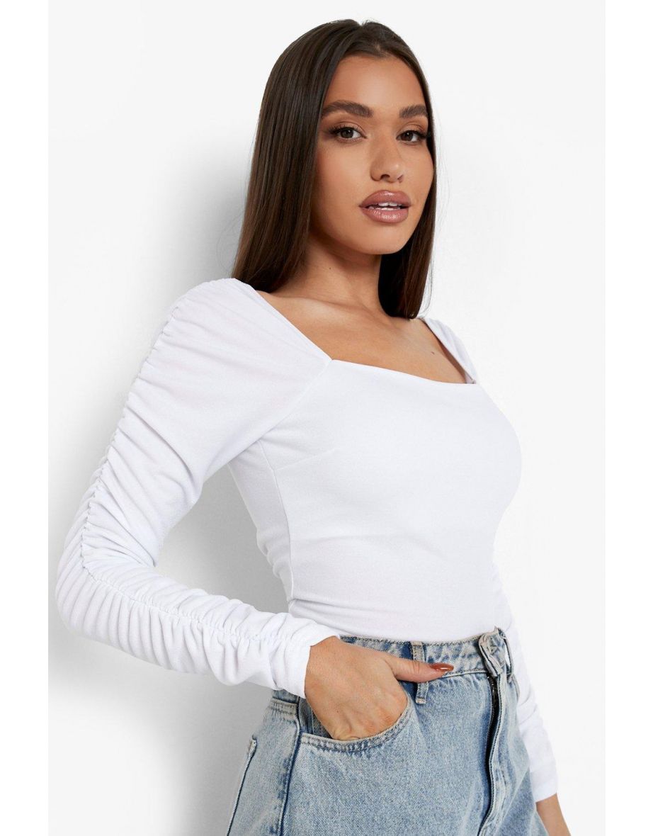 Crepe Square Neck Ruched Sleeve Top - white