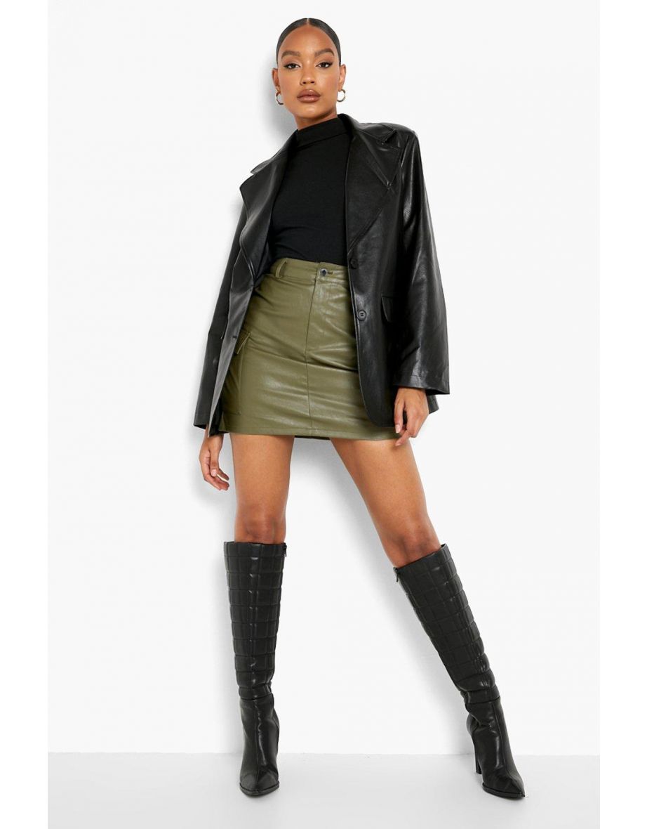 Cargo Pocket Leather Look Mini Skirt - khaki