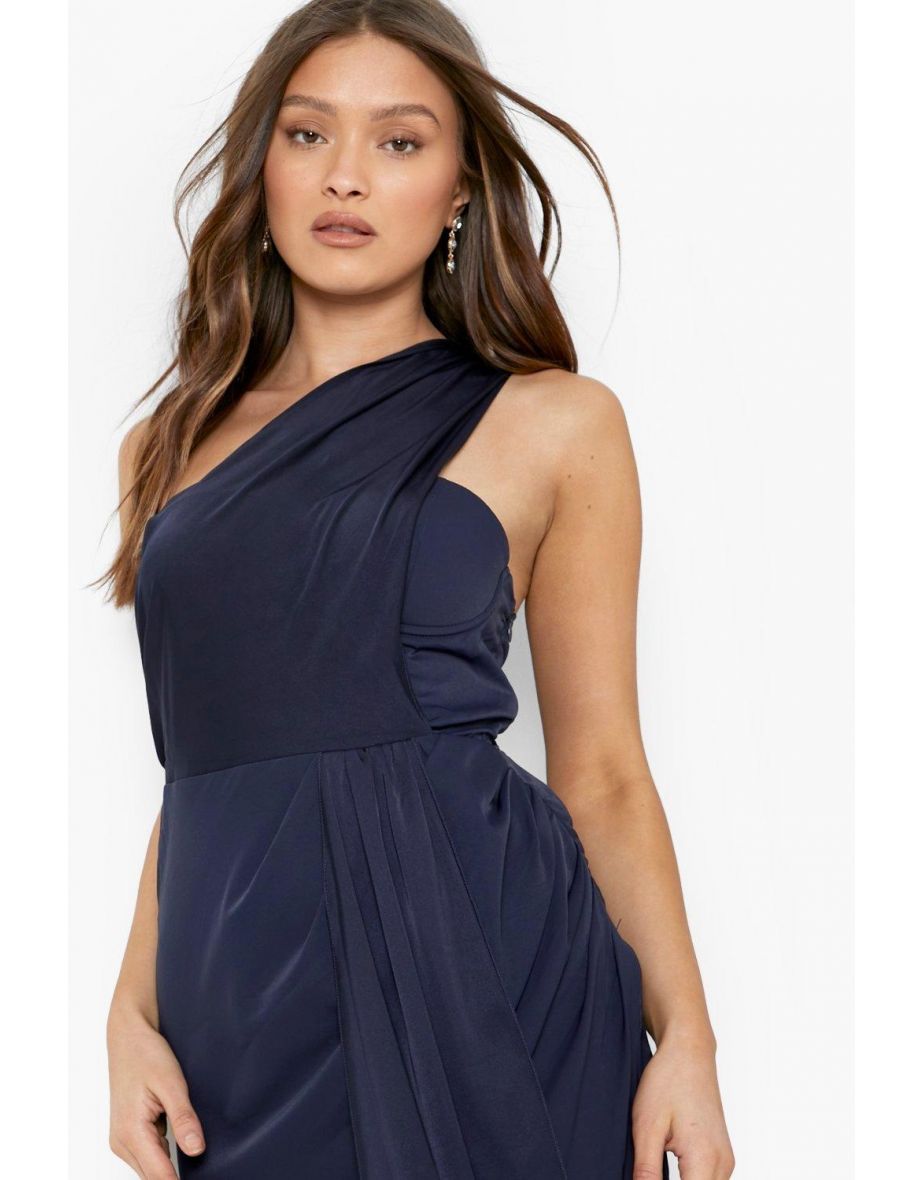Satin Drape One Shoulder Maxi Dress - navy - 3