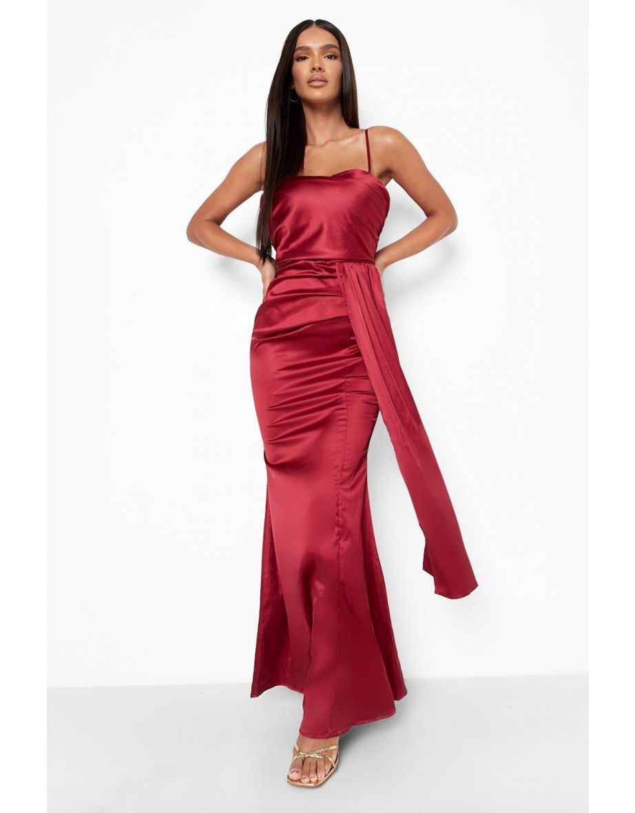 Satin Cow Detail Draped Maxi Dress - berry