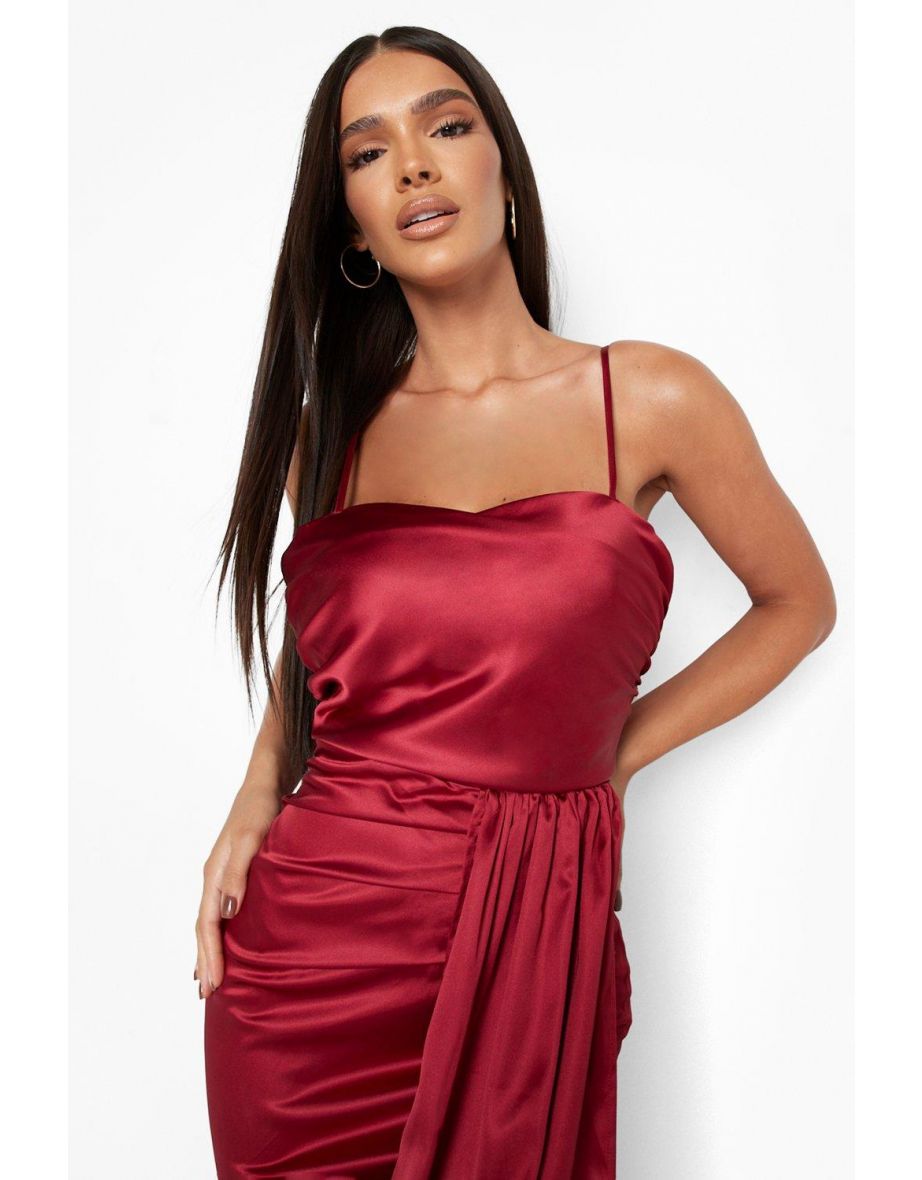Satin Cow Detail Draped Maxi Dress - berry - 3