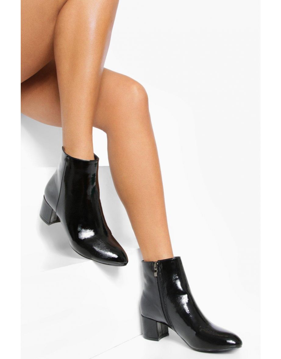 Low Block Heel Patent Shoe Boot - black