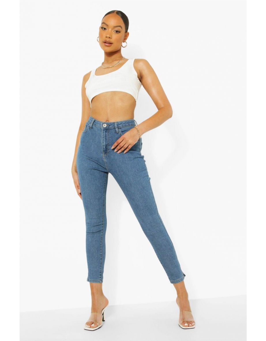 Basic Stretch Split Hem Skinny Jeans - mid blue - 3