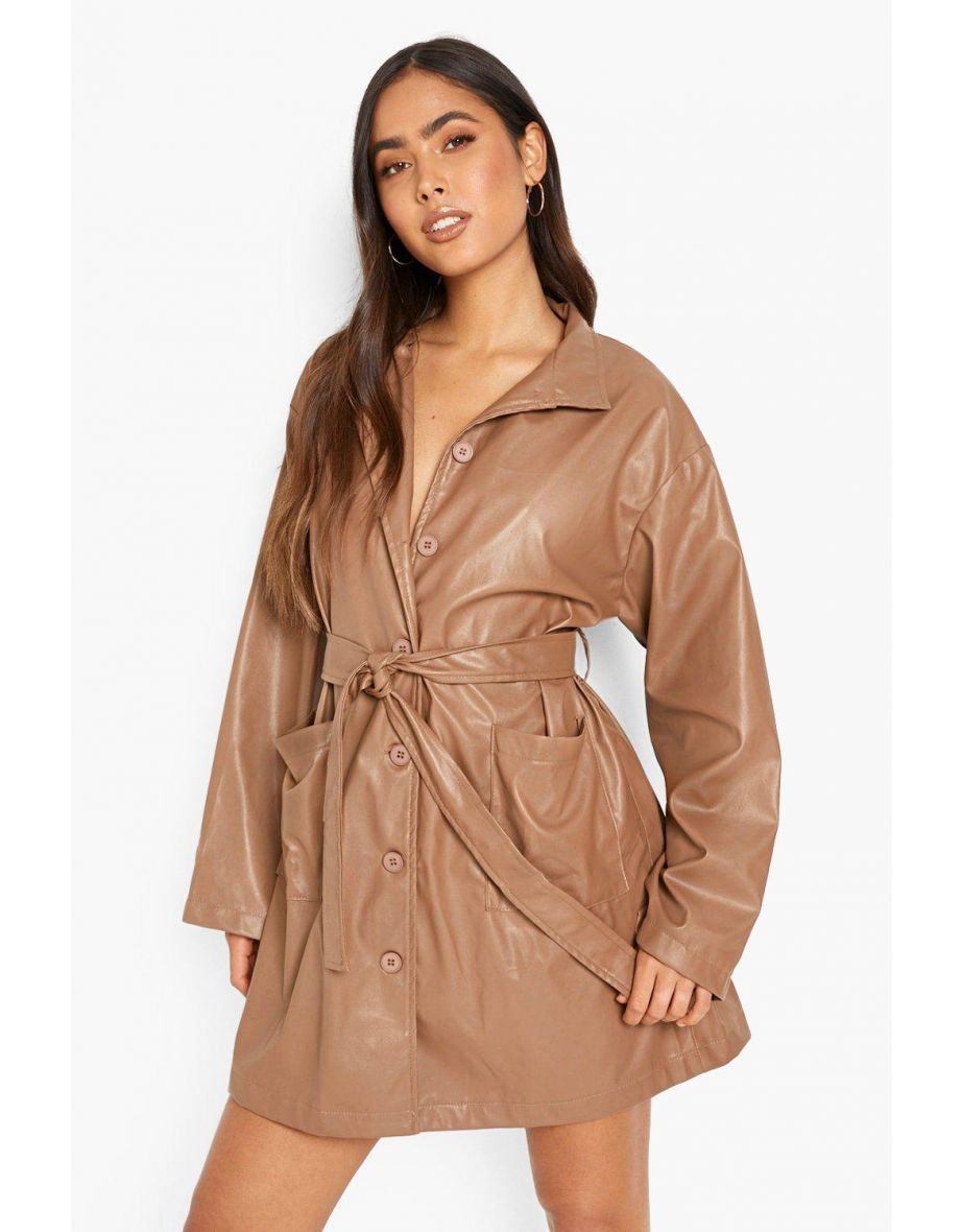 Pu Belted Shirt Dress - chocolate