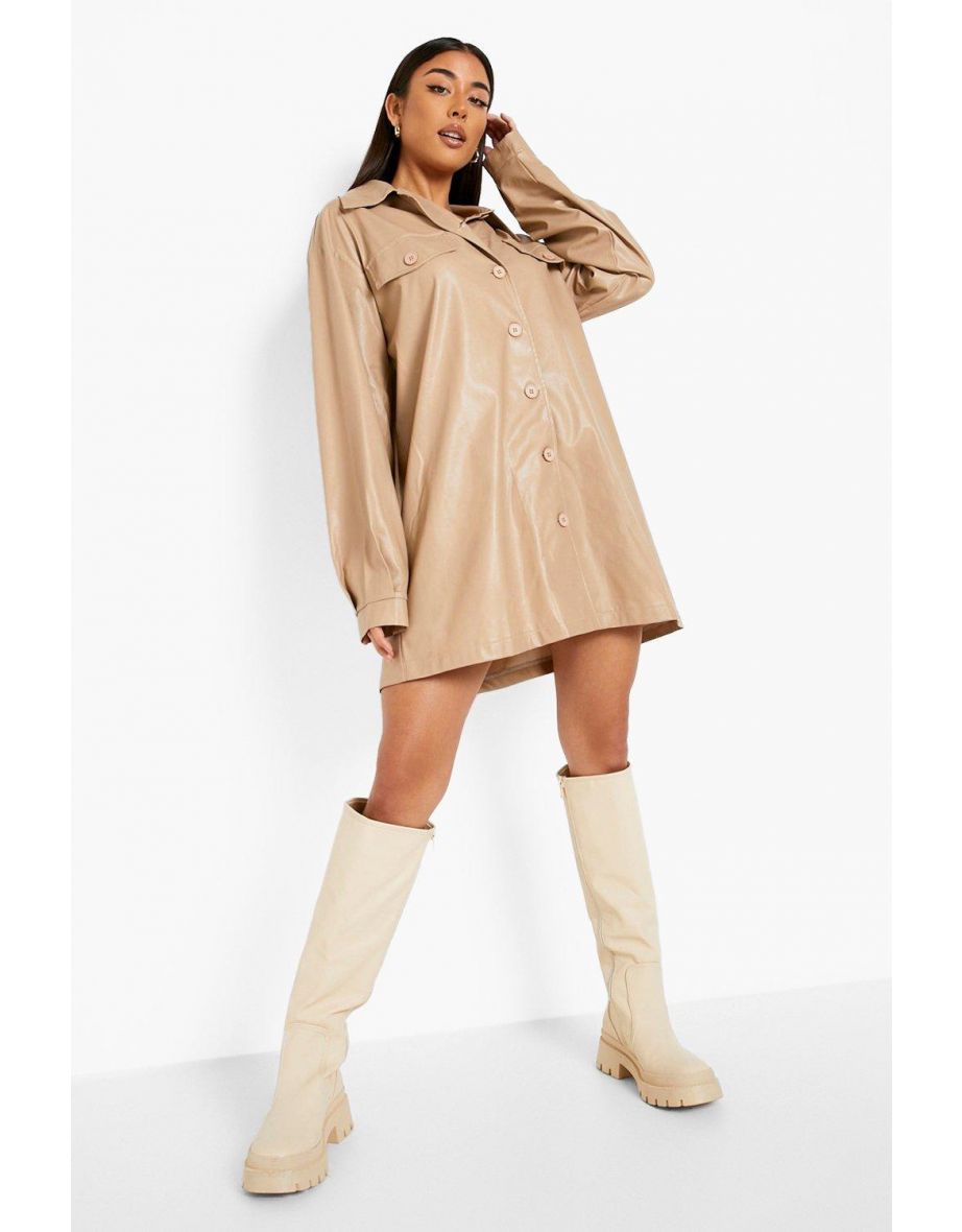 Pu Oversized Pocket Detail Shirt Dress - stone