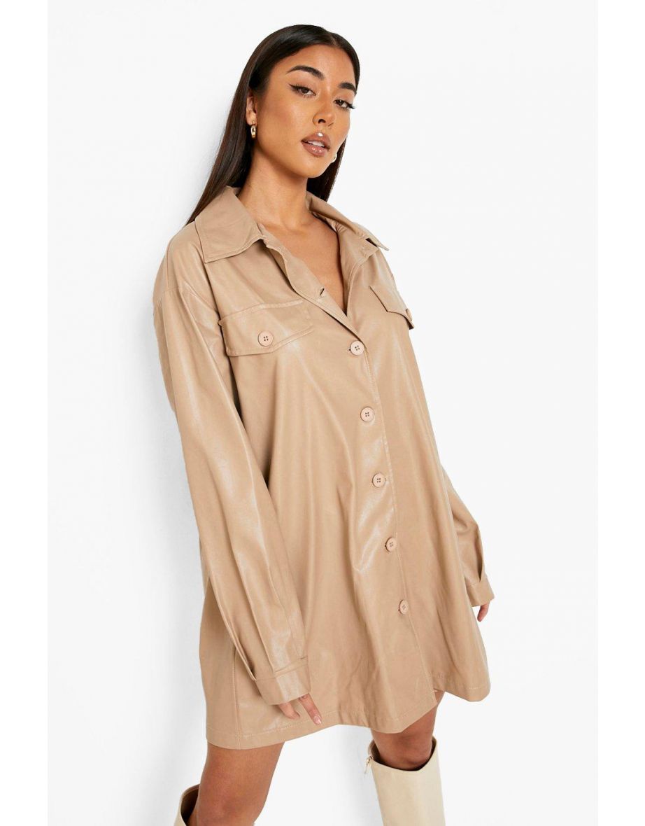 Pu Oversized Pocket Detail Shirt Dress - stone - 3