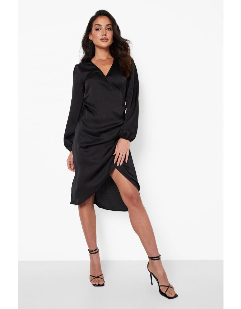 Satin Wrap Midi Dress - black