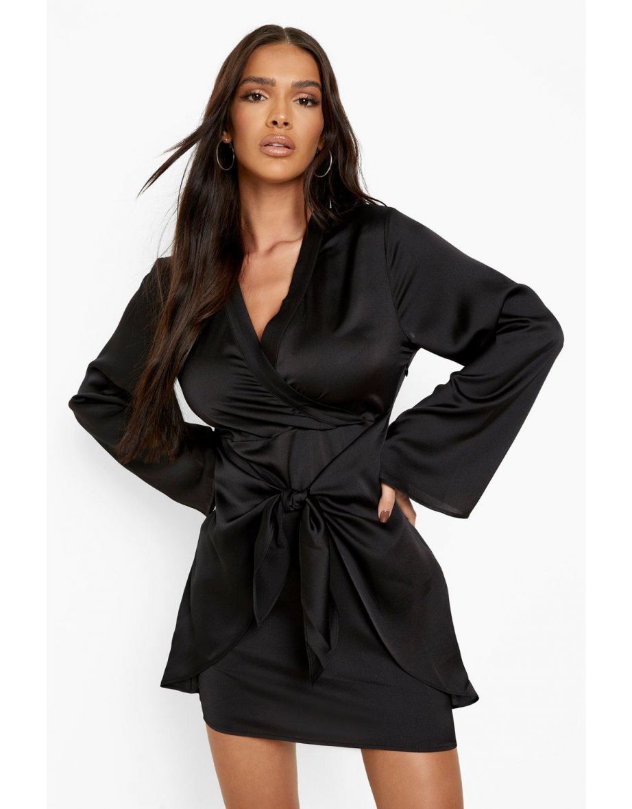 Satin Knot Front Shift Dress - black