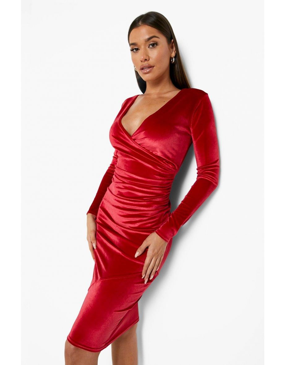 Velvet Wrap Long Sleeve Midi Dress - red