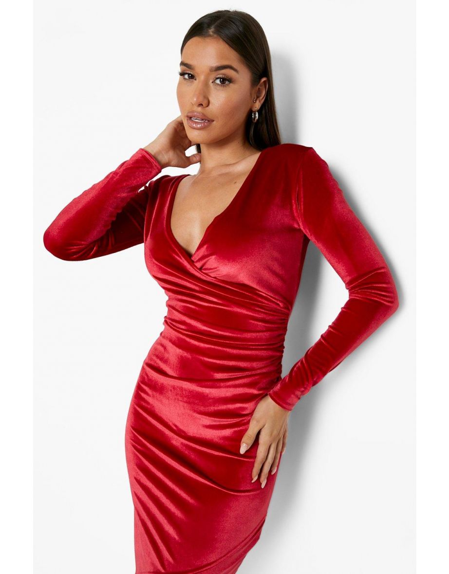 Velvet Wrap Long Sleeve Midi Dress - red - 3