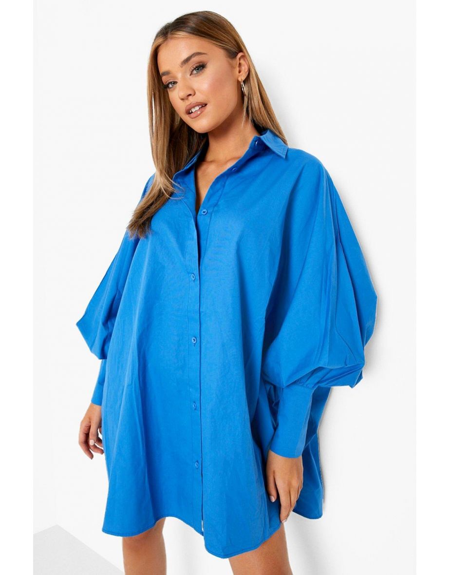 Oversized Batwing Balloon Sleeve Shirt Dress - bright blue