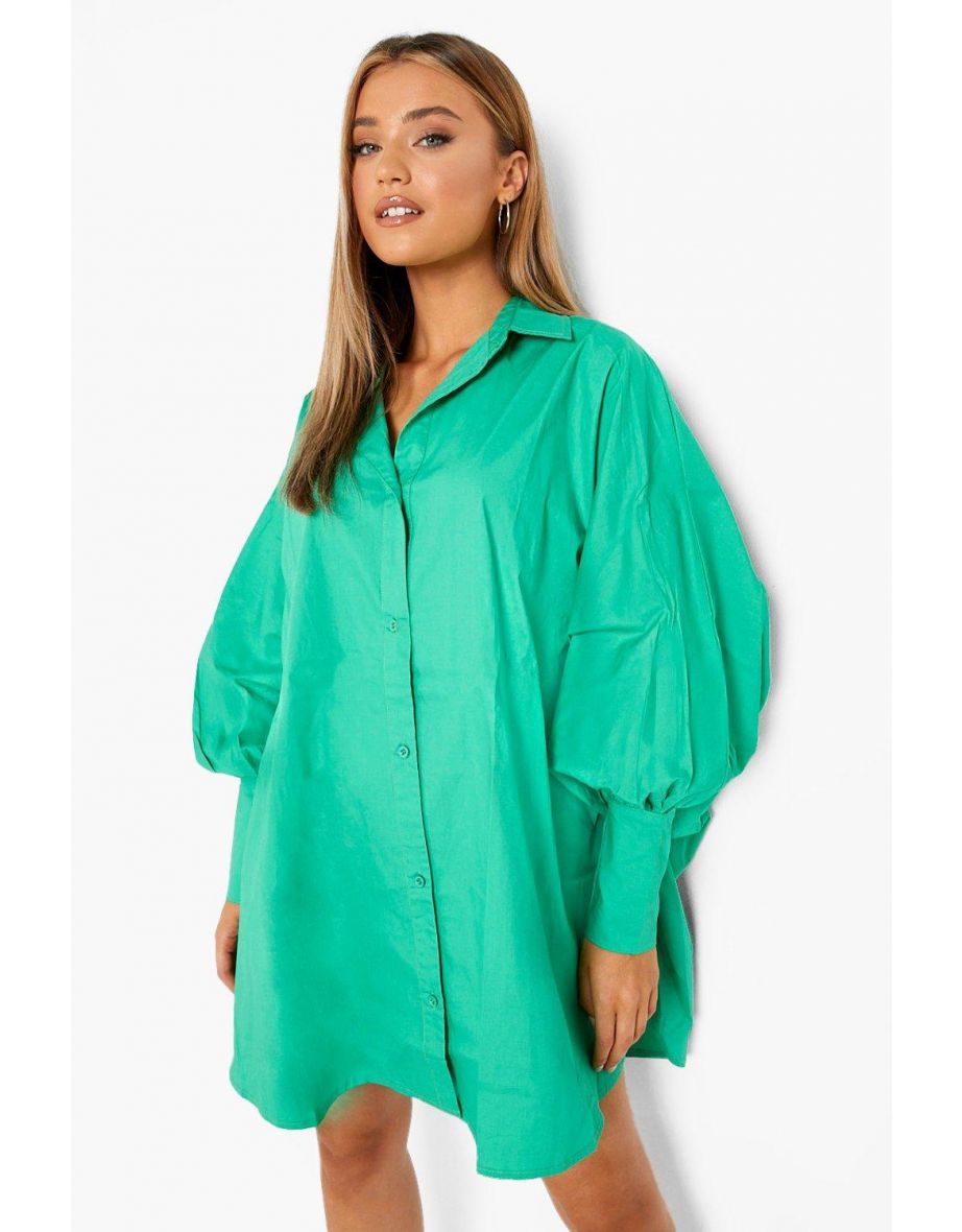 فستان قميص بأكمام بالون باتوينغ واسعة - أخضر