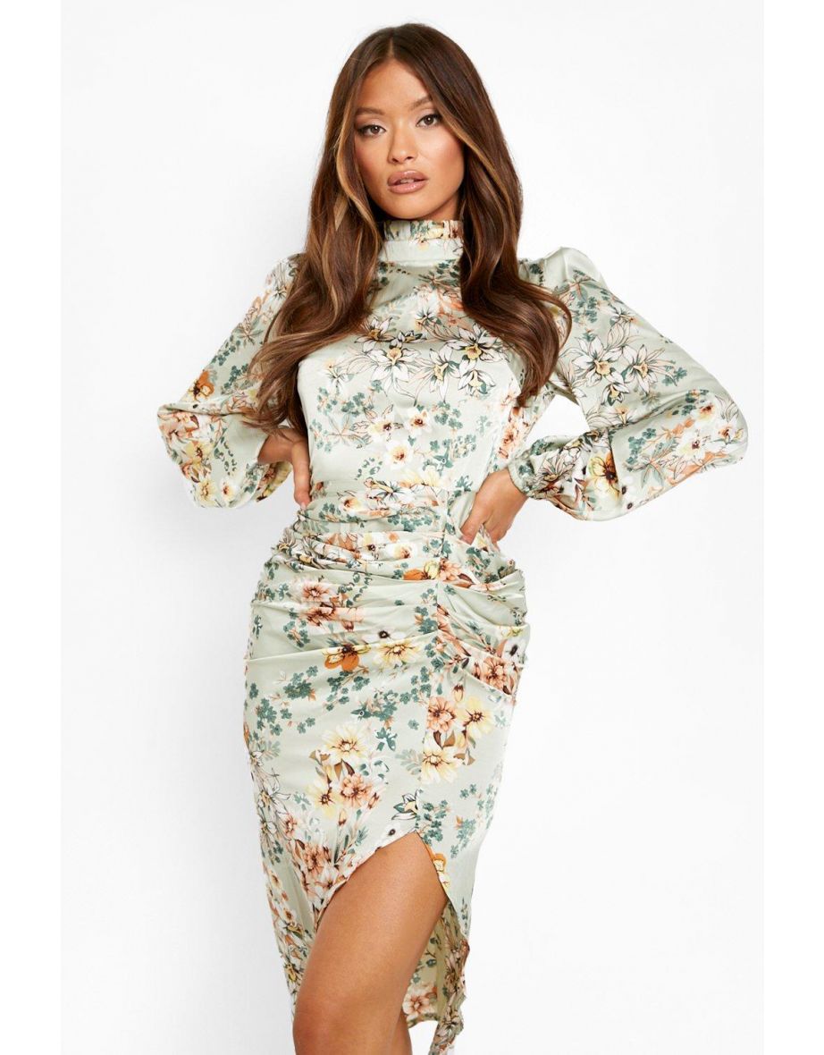 Floral Print High Neck Ruched Midi Dress - sage