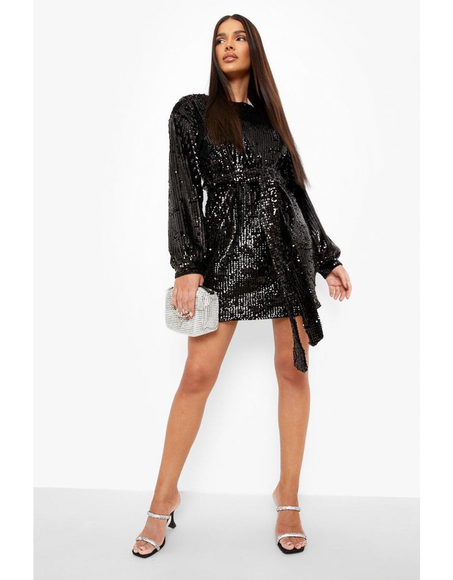 Sequin Belted Blouson Sleeve Mini Dress - black