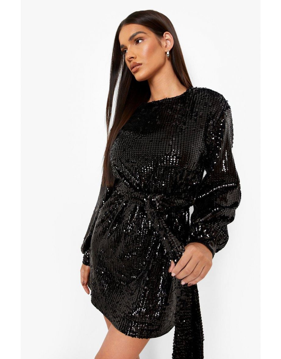 Sequin Belted Blouson Sleeve Mini Dress - black - 3