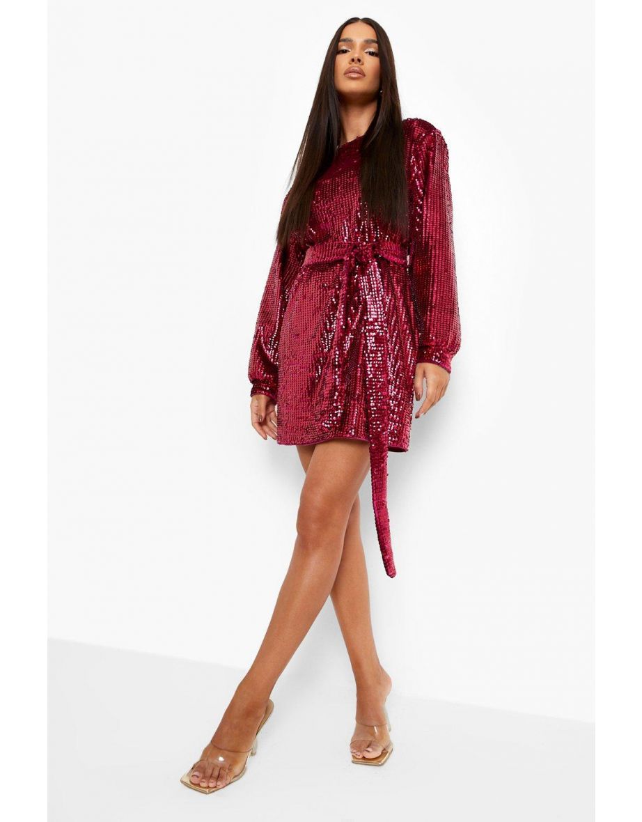 Sequin Belted Blouson Sleeve Mini Dress - magenta