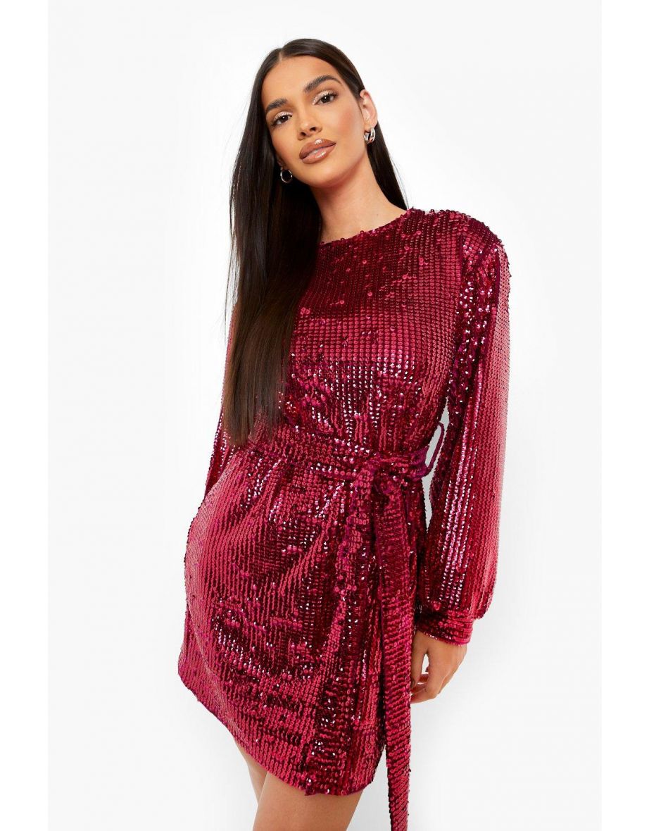 Sequin Belted Blouson Sleeve Mini Dress - magenta - 3