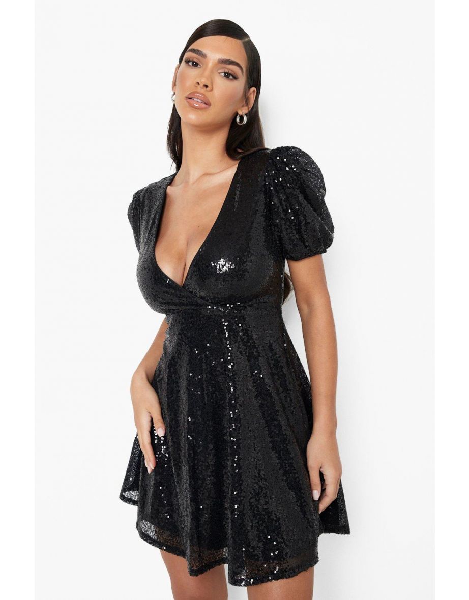 Sequin Puff Sleeve Skater Dress - black - 3