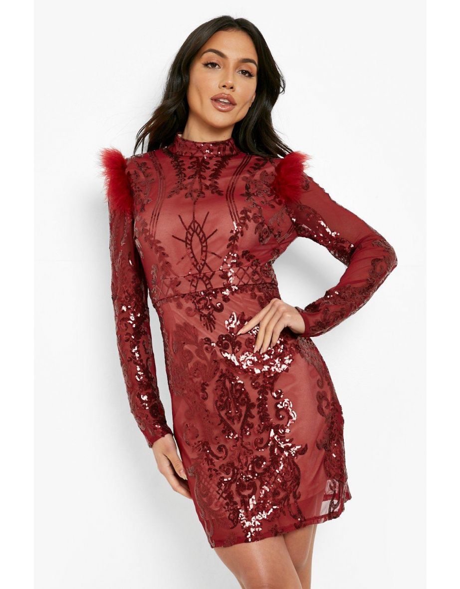 Demask Sequin Feather Trim Mini Dress - berry