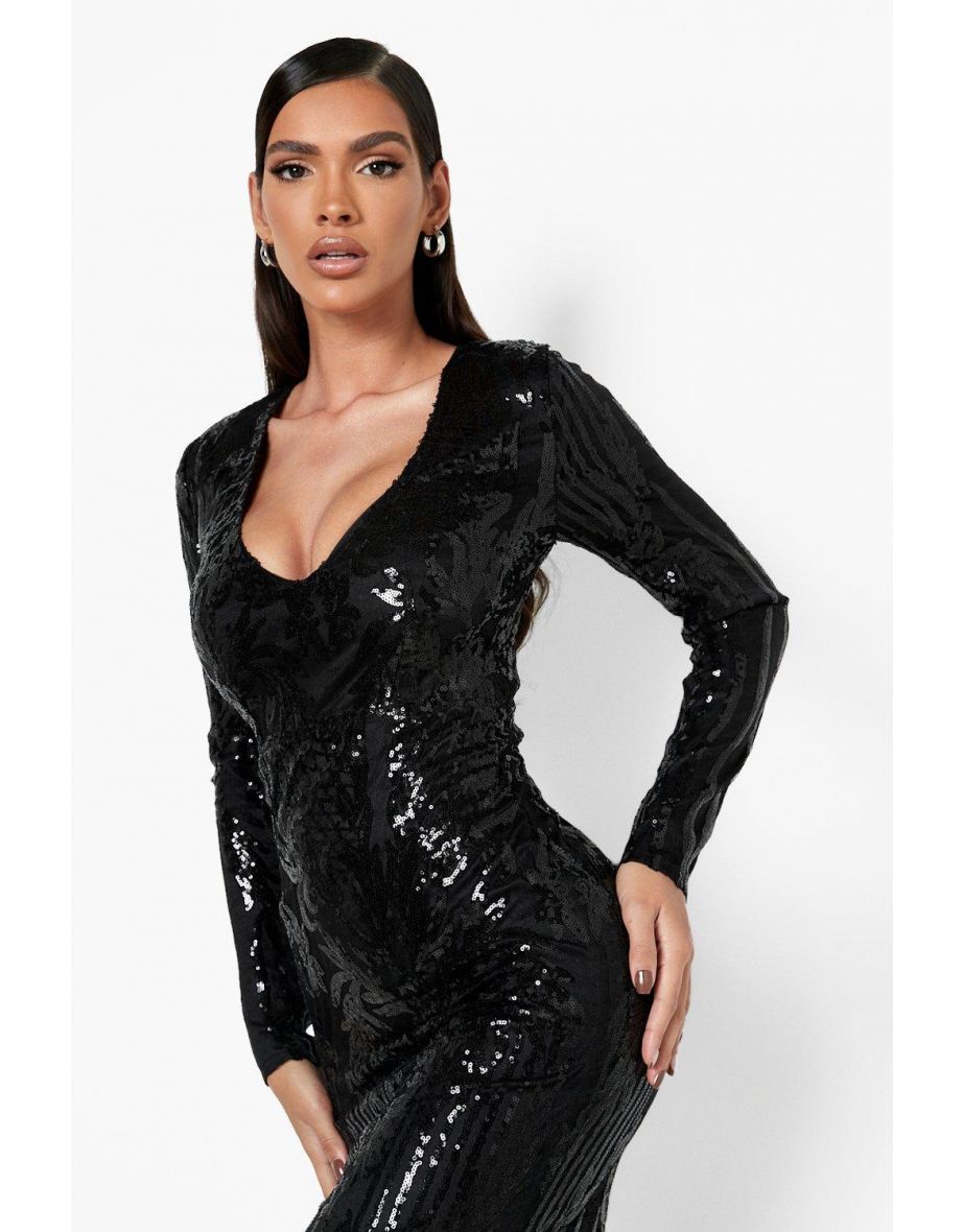 Damask Sequin Plunge Maxi Dress - black - 3