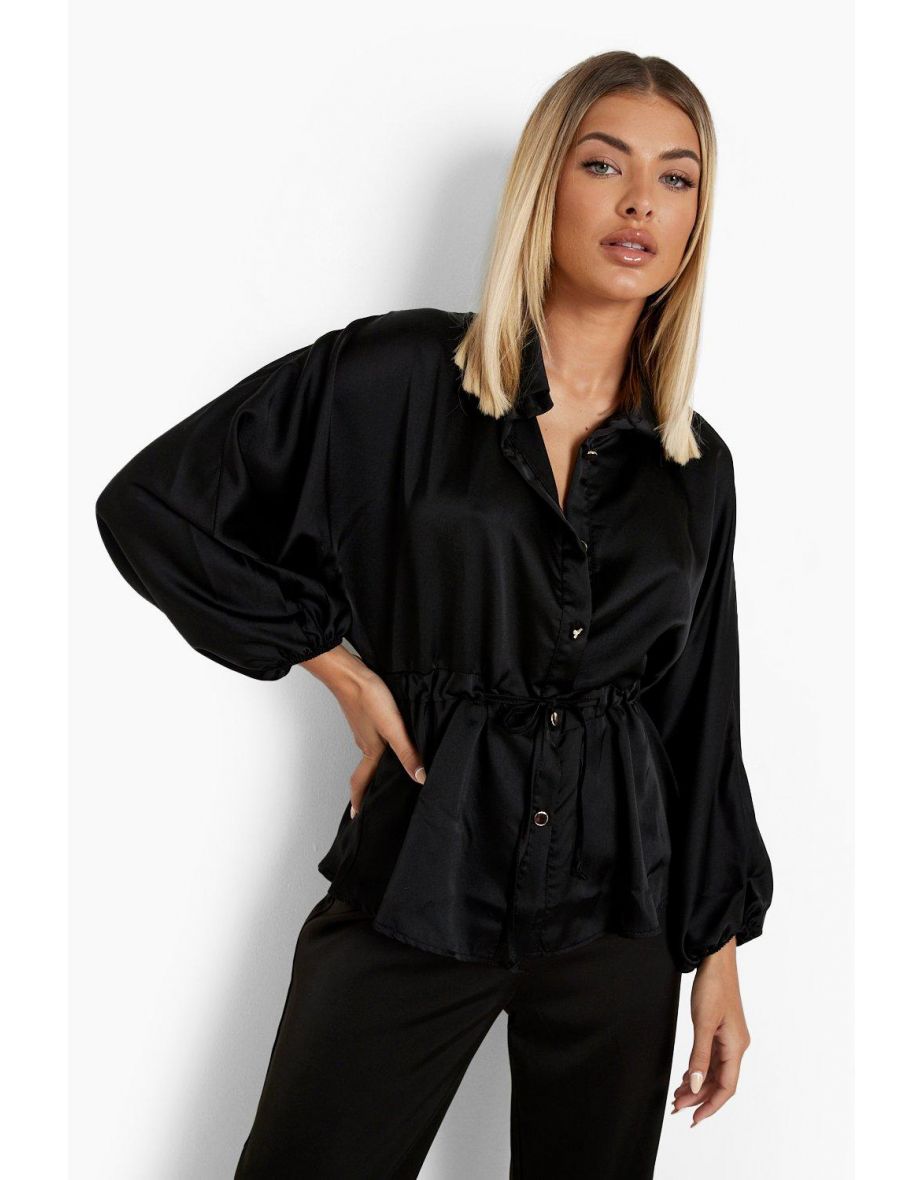 Satin Tie Waist Balloon Sleeve Blouse - black