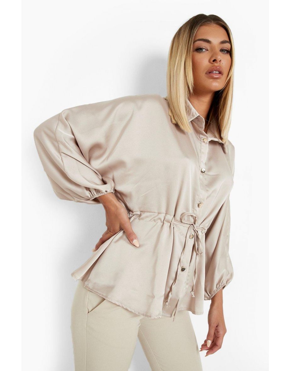 Satin Tie Waist Balloon Sleeve Blouse - oyster