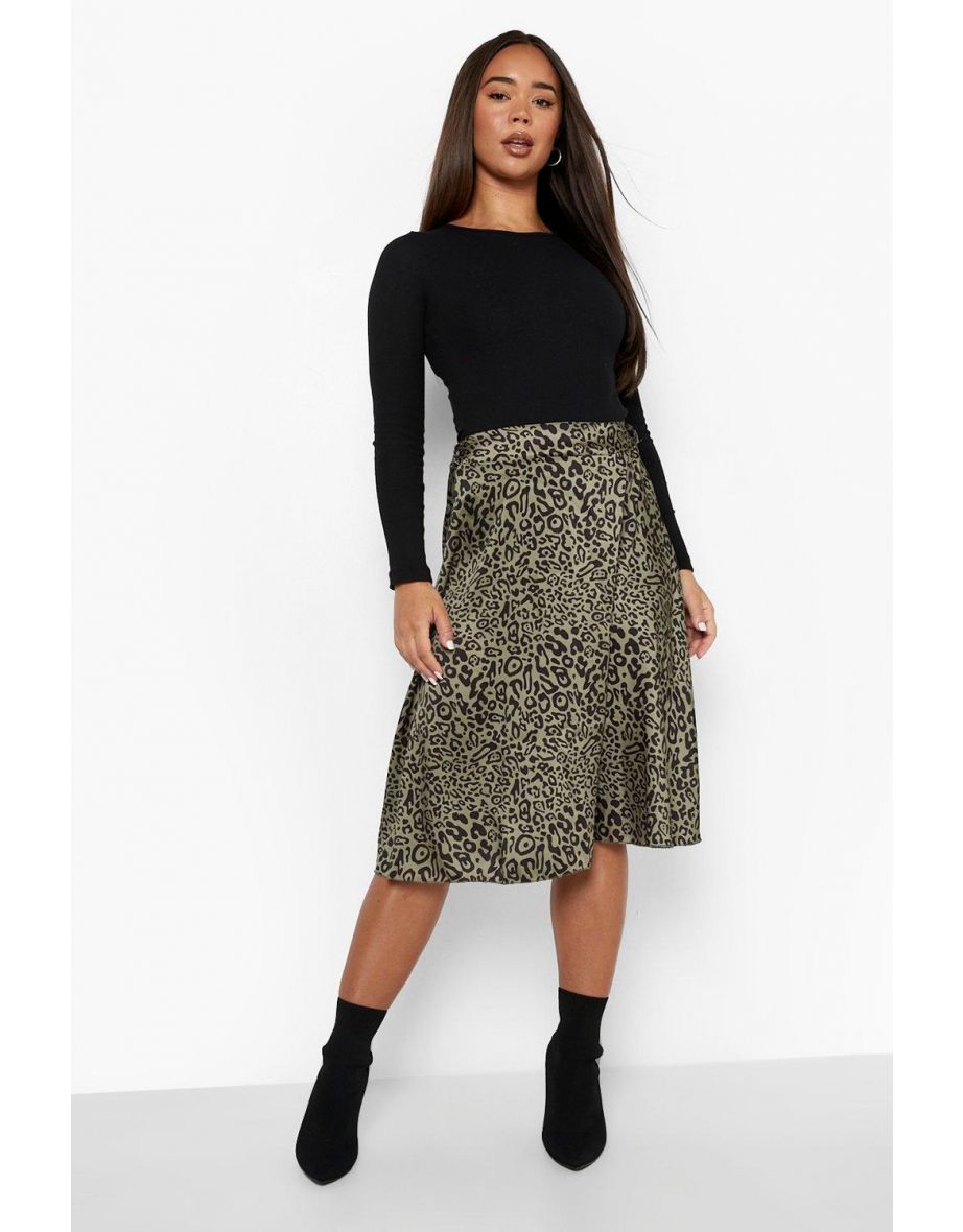 Animal Print Satin Slip Midi Skirt - khaki