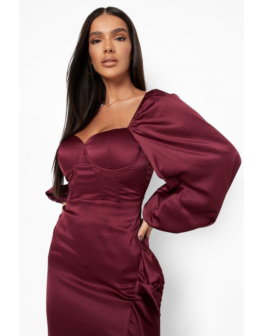 Satin Corset Detail Ruffle Maxi Dress - berry - 3