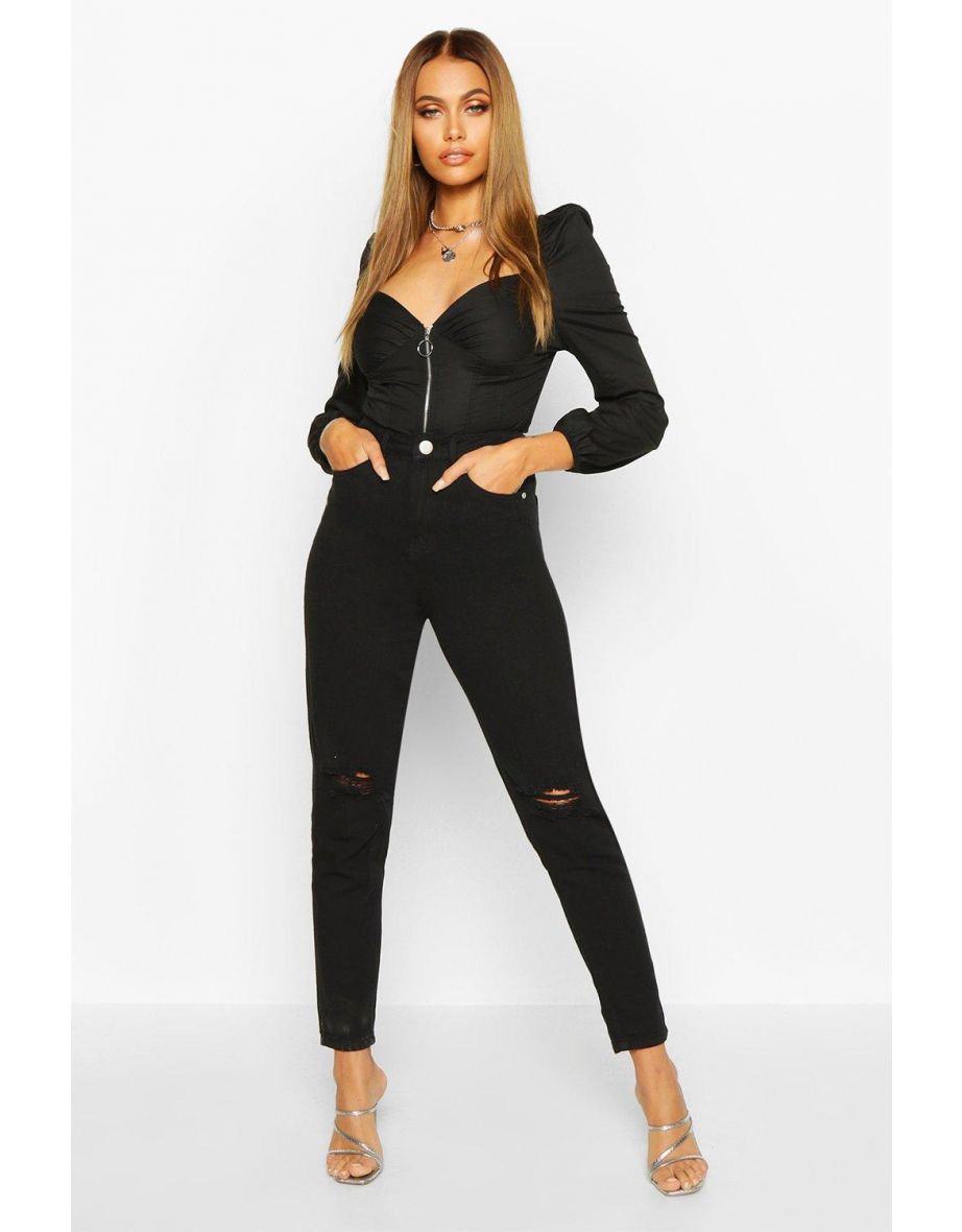 High Waist Distressed Mom Jeans - black