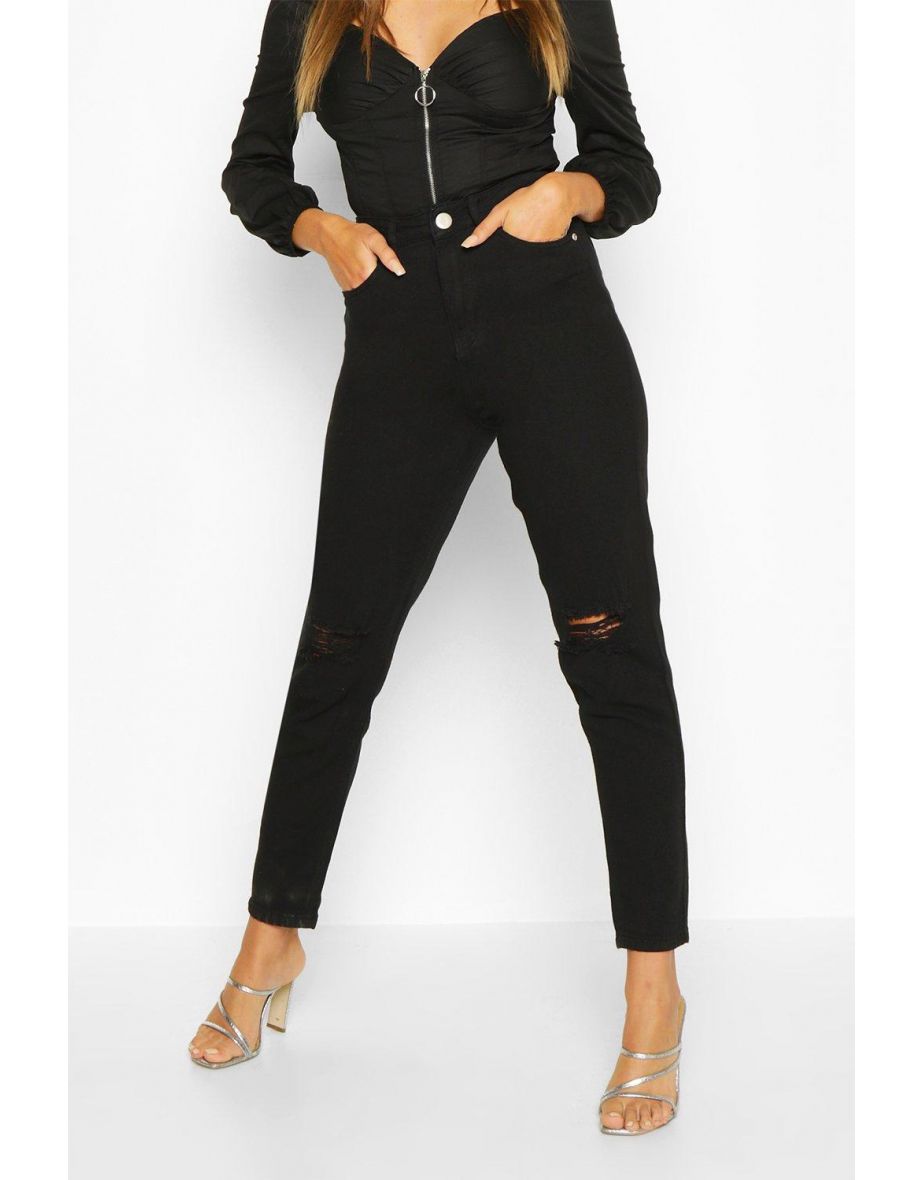 High Waist Distressed Mom Jeans - black - 3