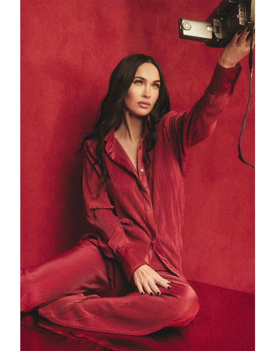 Megan Fox Satin Plisse Oversized Shirt - red