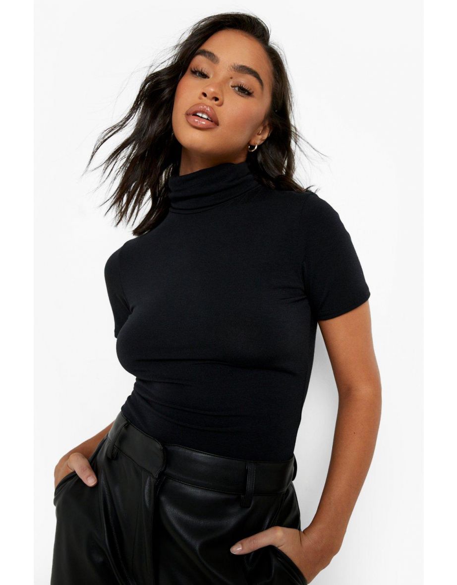 Short Sleeved Roll Neck Tops - black