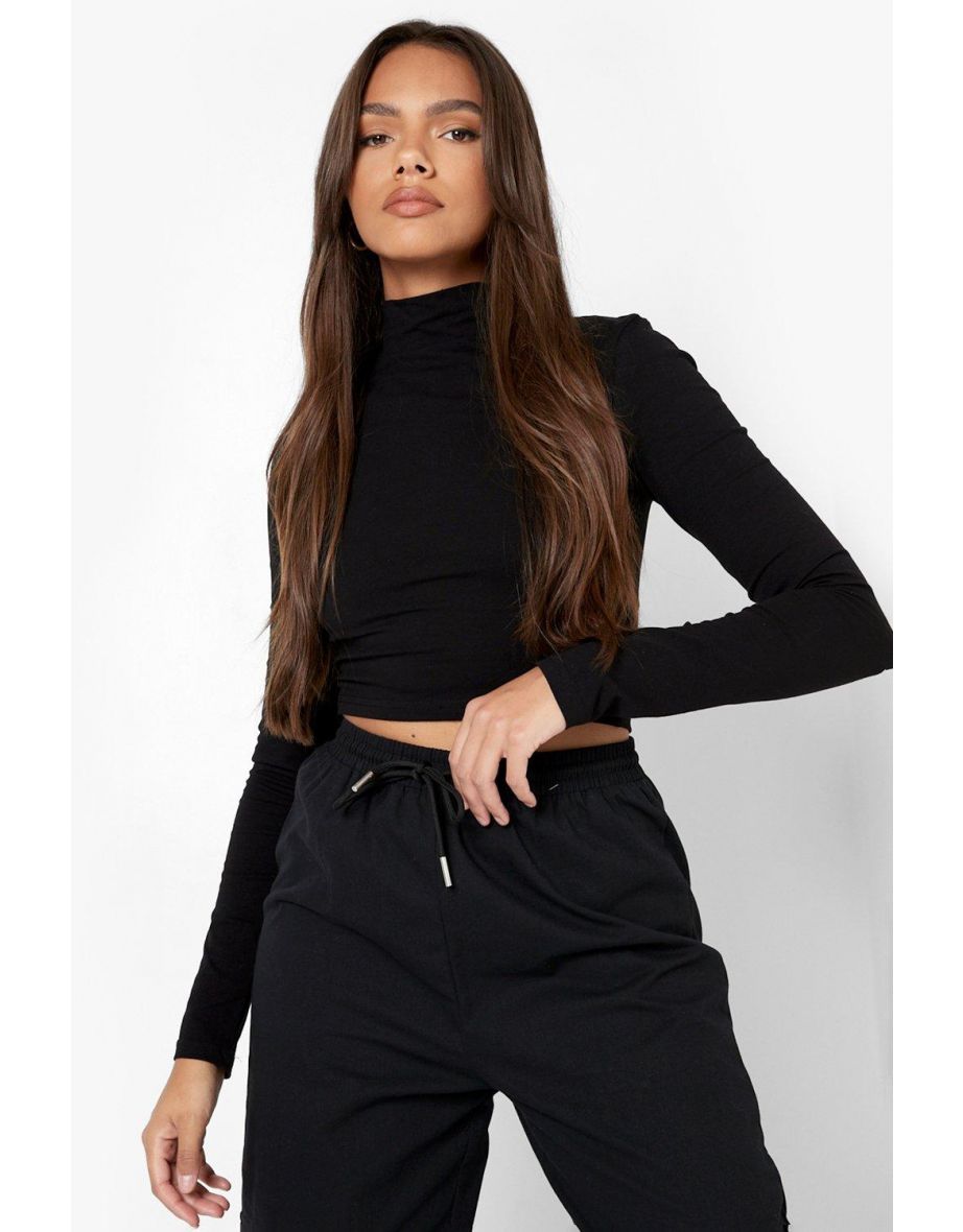 Basic High Neck Long Sleeve Crop - black